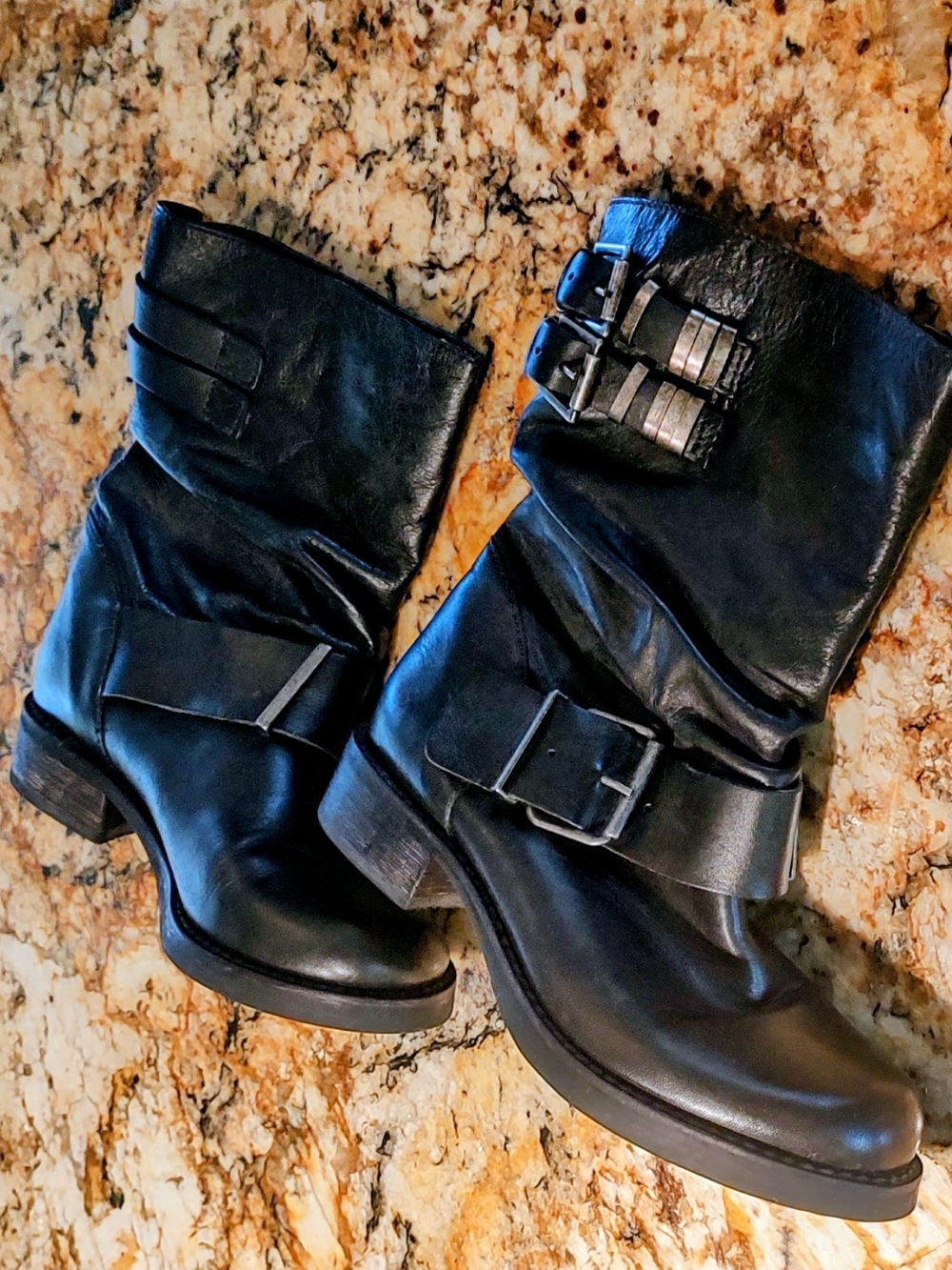 Orion Leather Buckle Moto Boots Black US 6.5